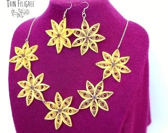 Quilling jewerly - quilling set -quilling flower - flower ~ yellow ~ paper necklace ~paper jewerly ~ quilled earrings ~quilling earrings ~