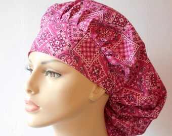 Medical Scrub Hat Pink Bandana Bouffant Scrub Hat Made in the USA