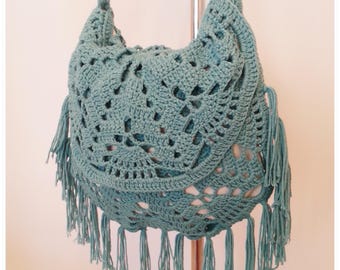 Crochet Bag, Crochet Crossbody Bag, Crochet Boho Bag,Teal Color Bag, Crochet Shoulder Bag, Crochet Fringe Bag, Summer Bag, Gift for Her