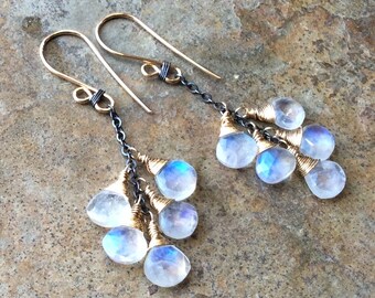MOONSTONE Earrings, mixed metals, sterling silver and 14k gold filled, cluster earrings, wedding earrings, bridal jewelry, artisan earrings