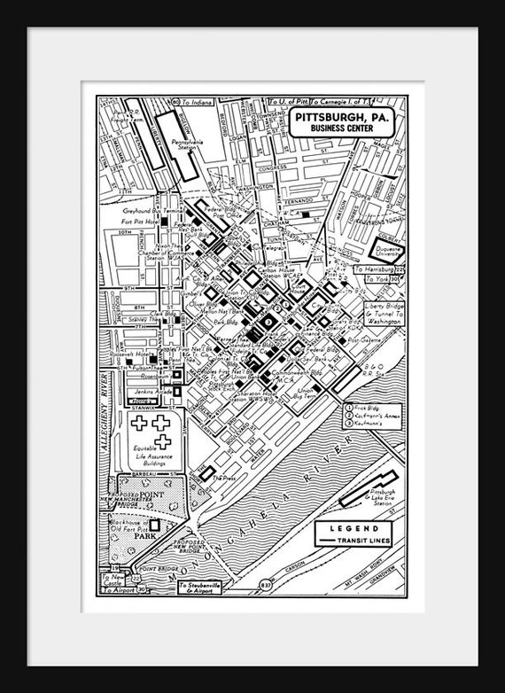 Pittsburgh Vintage Map of Downtown Pittsburgh Print Poster