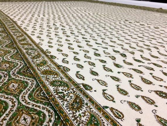 Large green paisley tablecloth or Bedspread -hand block printed cotton fabric with natural dyes and tassels