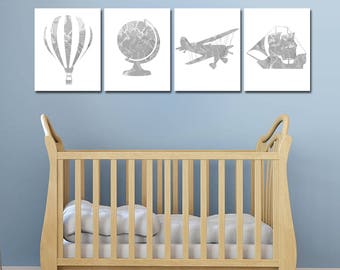 Travel Theme Nursery - Travel Nursery Decor - Grey Nursery Art - Hot Air Balloon Nursery - Travel Theme Baby Shower Gift - Baby Boy Wall Art
