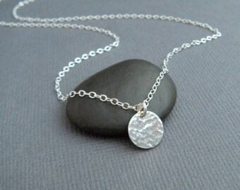 silver circle necklace - simple silver necklace. delicate. dainty. tiny. sterling. hammered disc pendant. 3/8". layering. ready to ship gift