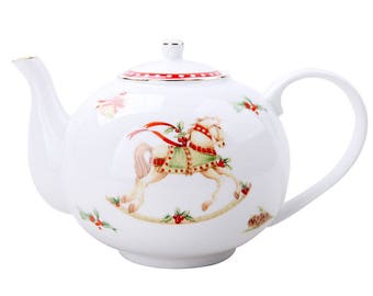 Gracie Teaware China Rocking Horse CHRISTMAS TEA SET Teapot with 4 Teacups & Saucers