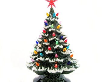 Ceramic Christmas Tree with Snow Tipped Branches 16 Inch Tall Tabletop Style Green Electric Base Color Lights with Star - Made to Order