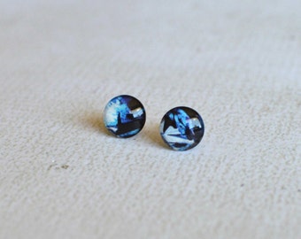Blue Glass Earrings- Marble-Like Glass Titanium Earrings- Round Titanium Glass Studs- Made with Upcycled Paper- One of a Kind Glass Studs