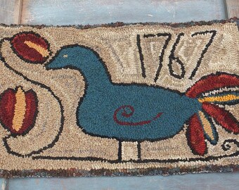 Primitive Hooked Rug - Folkbird 1767