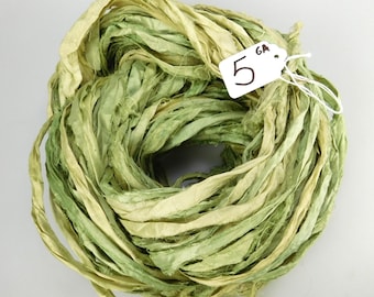 Silk Sari Ribbon, Sari silk ribbon, recycled ribbon, green sari ribbon, silk ribbon, rug supply, knitting supply, apple green sari ribbon