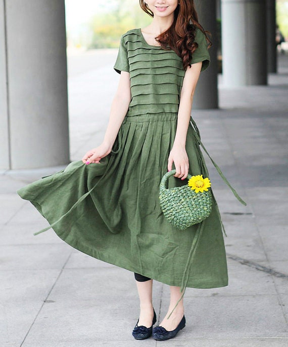 Olive Green Linen Dress/ Tiered Bridesmaid Dress Sundress