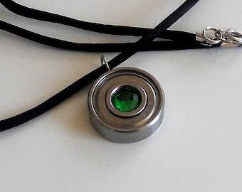 roller skate Bearing Pendant, Faceted green Cubic Zerconia, looks like emerald Roller Derby Jewelry Gift For Derby Wife, Hand Made Necklace