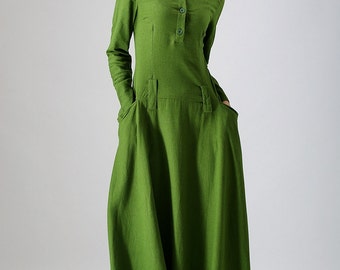 Linen dress, green dress, maxi dress, womens dresses, spring dress, long sleeves dress, casual dress, long dress for women, plus size 784