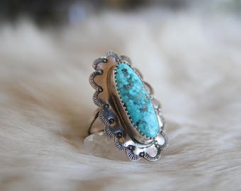 White Water Stamped Turquoise Ring size 9.5