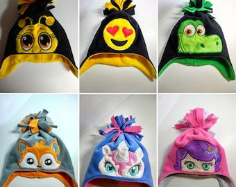 Fleece hat with ear flaps and embroidered peeker. Child size.