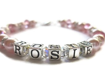 zLight Pink Swarovski Crystal and Swarovski Pearl Bracelet, Sterling Name Bracelet, Blush Pearl Bracelet