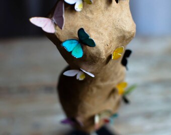 Miniature Paper Mannequin with tiny paper butterflies - Paper Sculpture - Paper Art