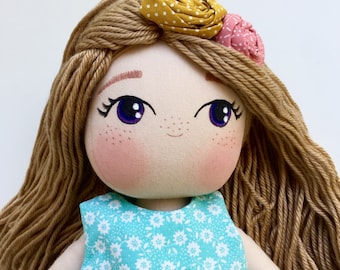 Personalized Cloth Doll - Cutest Fabric Doll - Author's Pattern - Rag Doll - Girl Gift Idea - Brunette Doll