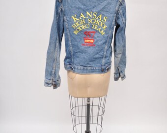 vintage levis jacket denim levi's jacket boyfriend 1980s light denim 80s oversized 557 cowboy rodeo embroidered