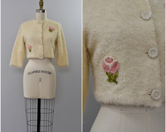 1960's nubby knit cropped rose jacket • xs