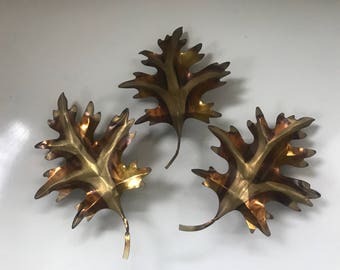 3 Vintage Metal Leaves Gold Copper Tone Wall Decor