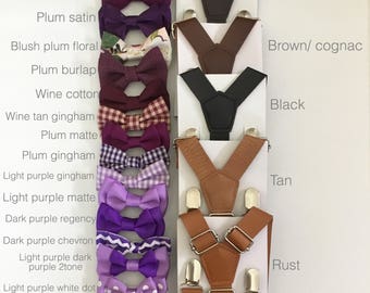 Plum bow tie groomsmen brown leather suspenders Wedding leather suspender Ring bearer outfit for baby boy Wisteria Mens Rustic Wedding ties