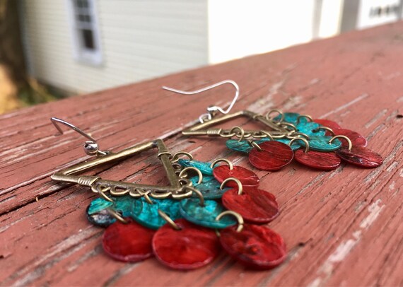 Turqouise & Dark Red Triangular "Simply Chandelier" Earrings