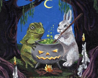 Halloween art PRINT choice of 5 x 7 or 8 x 10 gothic art Dark Hollow cauldron, toad, rabbit, candles, fantasy art, woodland creatures