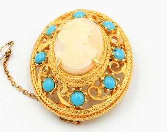 Gilt domed filigree brooch mount with cameo and turquoise