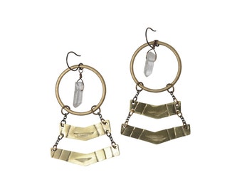 Hand stamped & oxidized brass earrings with hoop and quartz crystal