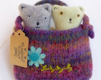 Two little kittens in a felted wool pouch set Waldorf inspired ready to ship