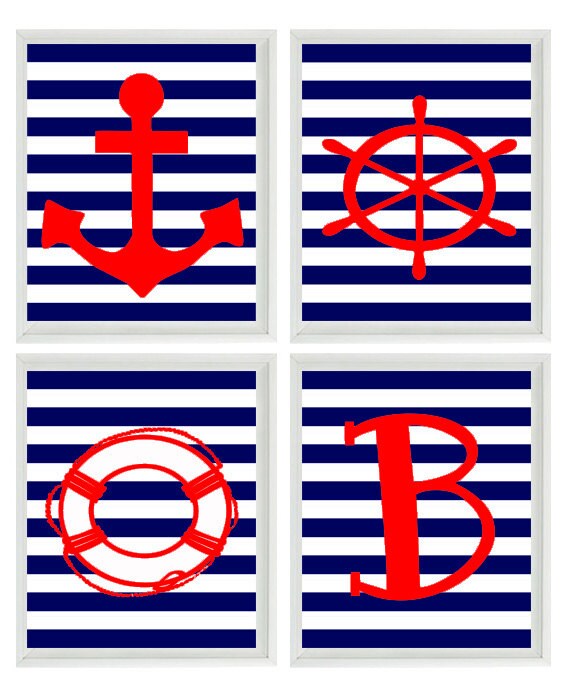 Beach Nautical Nursery Initial Art Print Set Red Navy Blue