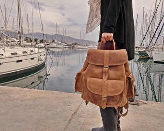 Waxed Leather Backpack - Knapsack from Full Grain Leather, Handmade in Greece. LARGE size.