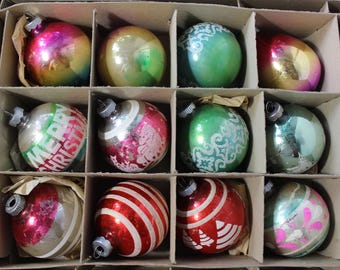 Shiny Brite box of Christmas Tree Ornaments LOT of 12 Mercury Glass Stenciled Strips VINTAGE by Plantdreaming