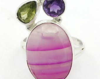 New Pink Banded Botswana Agate,Amethyst,Peridot 925 Sterling Silver Ring S-5.5 A0391