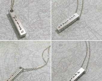 Custom Personalized Silver Vertical Bar Necklace/Hand Stamped Four Sided Bar Necklace/Custom Necklace/Bar Name Latitude Longitude Necklace