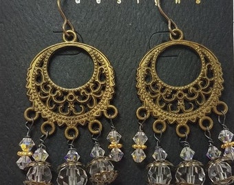 Earrings Clear Crystal & Antique Brass Filigree