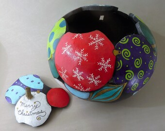 Home grown and hand made Christmas ornaments Art Gourd bowl.