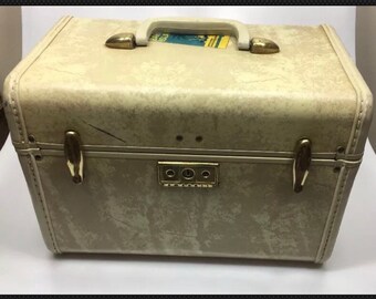 Vintage Samsonite Streamlite Tan Marble Hard Train Case Mirror Key Included