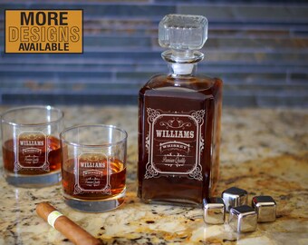 Whiskey Decanter Set with Rocks Glasses, Vintage Style Decanter, Laser Etched Glass Decanter, Personalized Name Whiskey Gift, Whiskey Glass