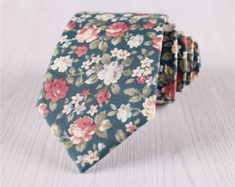 Green Floral Printed Cotton Necktie, Vintage Flower Print 7.5 CM/3 IN Wide Necktie, Wedding Groomsmen Gift Floral Design Necktie-NT.229S