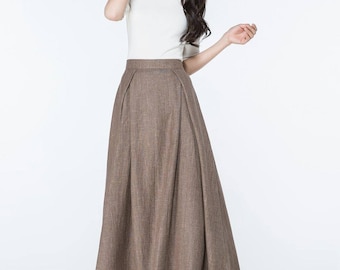 linen skirt, brown skirt, maxi skirt, skirt, womens skirts, vintage skirt, long skirt, pleated skirt, linen skirt with pockets C1063