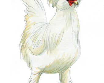 Hen Negro white watercolor silk