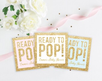 Ready To Pop Custom Baby Shower Faux Gold Glitter Favor Tag, Popcorn Tag, Baby Shower Tag, Baby Shower Sticker, 2 Inch Stickers