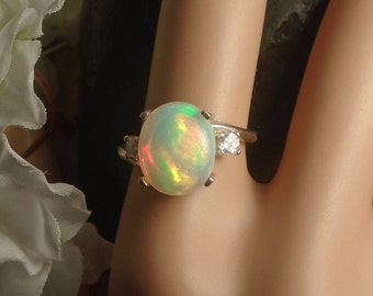 Spectacular Sky Blue Ethiopian Fire Opal 2 Birthstone Accent Gems Ring, Sterling Silver, 2.65 Cts 12.1 x 10.2 mm Natural Welo Ethiopian Opal