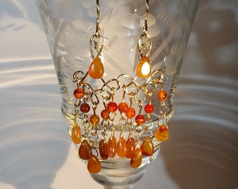 Carnelian Chandelier Earrings, Carnelian and Gold Earrings