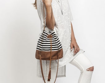 Canvas Bucket bag, Handmade Bag, Canvas and leather bag, Drawstring bag, Leather bucket bag, Handmade bucket bag, Summer bag, Sale!