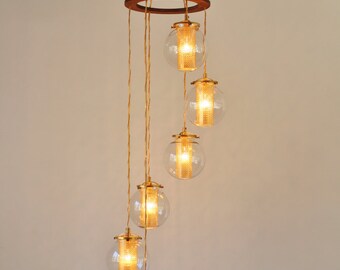 Glass Globe Chandelier, Spiral Pendant Lighting Fixture, Brass and Gold Accents, Large Modern BootsNGus Lights & Home Decor, Bulbs Included