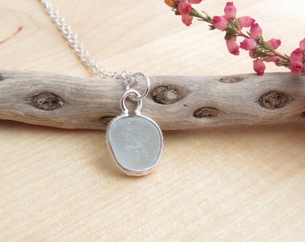 Pastel Blue Sea Glass Necklace Beach Necklace Natural Sea Glass Ocean Tumbled Glass Silver Mount Necklace Birthday Necklace Gift for Her