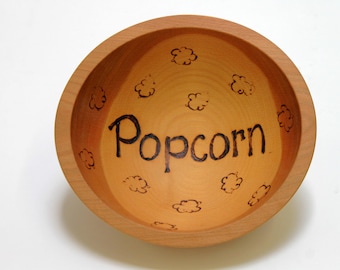 8" Beech Popcorn Bowl- Wooden Popcorn Bowl, Engraved Wooden Bowl, Housewarming Gift, Food Safe Wooden Bowl, Wood Bowl