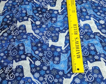 Stonehenge-Reindeer Prance-Reindeer on Dark Blue Cotton Fabric Designed by Deborah Edwards for Northcott Studios